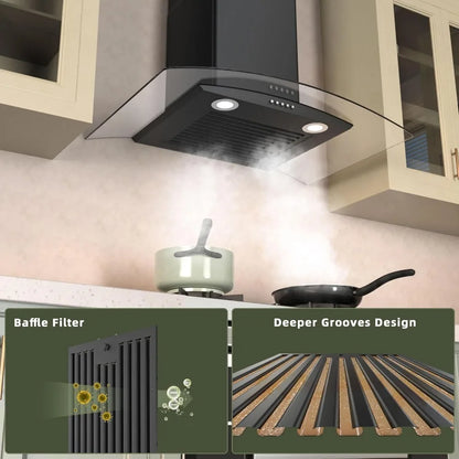 30 inch Wall Mount Range Hood, 400CFM, 3 Speed Fan, Tempered Glass, Push Button Controls, LED Lighting, Stainless Steel, Includes 2 Charcoal Filters