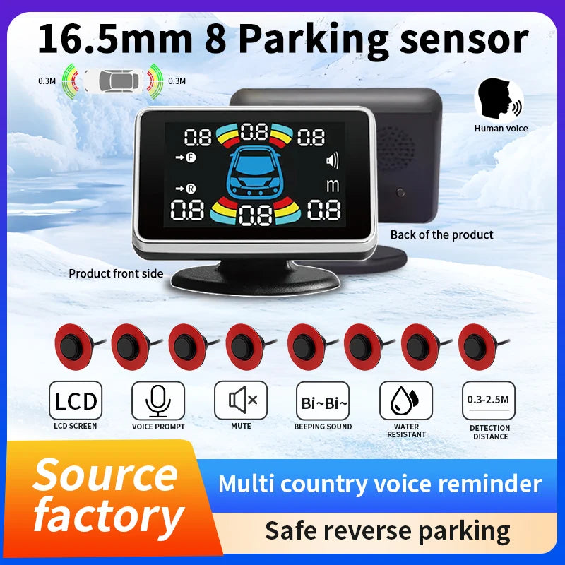 16.5mm 8 Parking Sensor LCD Display Voice Prompt Multi-Language 0.3-2.5M Detect Waterproof Car Reversing Radar