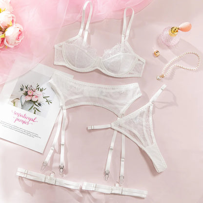 Ellolace Fancy Lingeries Sexy Hot Elegant Bra 3PC Set with Leg Circles Sissy Solid Color Intimate Eyelash Lace Patchwork Costume