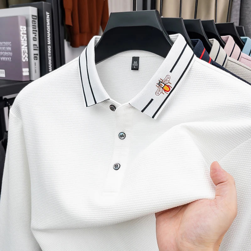2026 Light Luxury Fashion 100% Pure Cotton Polo Shirt Men's Long Sleeved  Spring New Item Lapel Base T-shirt