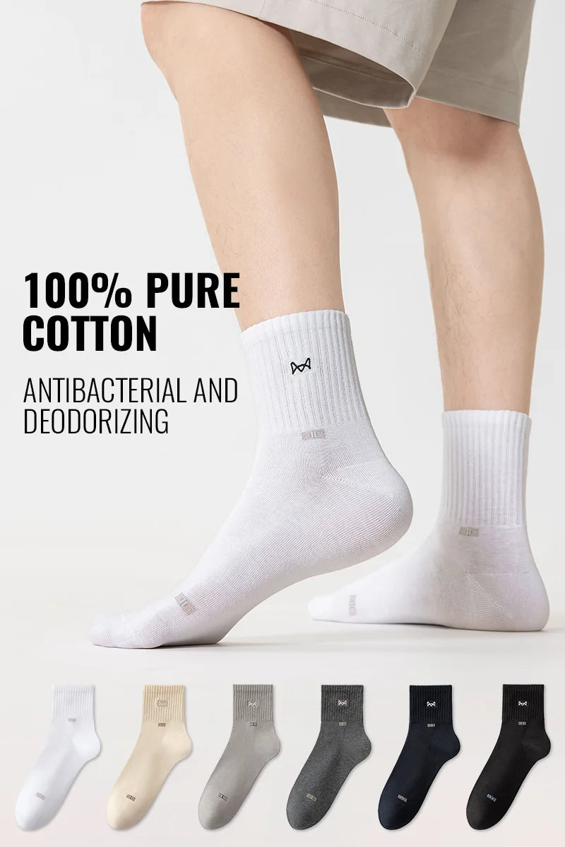 MiiOW 100% Pure Cotton Socks Men Business Dress Long Sock Black White Antibacterial Anti Odor Crew Socks Breathable Sport Sock