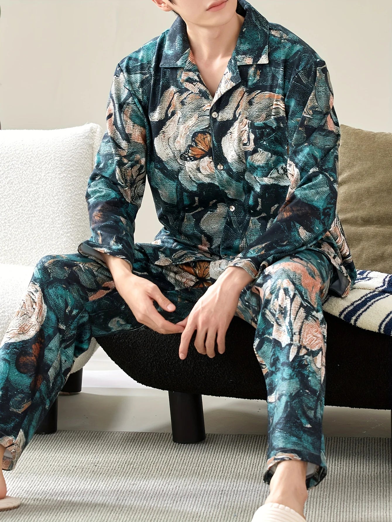 Two piece sets men's pajamas autumn and winter long sleeved pants with lotus leaf pattern sleepwear set
