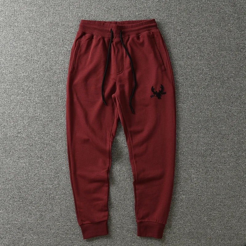Autumn American Retro Terry Knitted Embroidery Sweatpants Men's Simple Elastic Waist Drawstring Sport Casual Youth Slim Pants