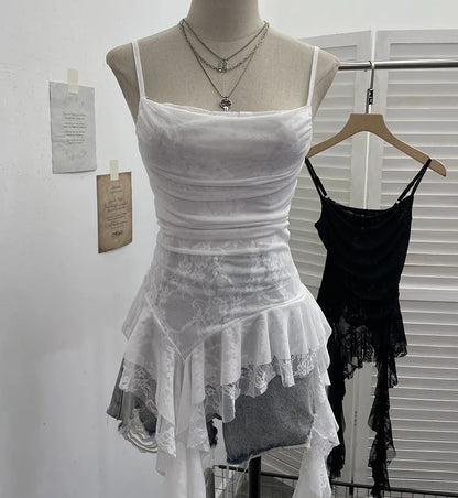 ISAROSE Summer Y2K Camisole for Women Casual Spaghetti Straps Double Layers Lace Stretch Mesh Patchwork Asymmetrical Slim Tops