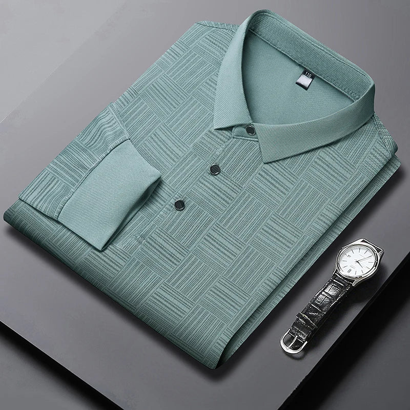 Spring Man Casual Turn-Collar Long-Sleeve T-Shirt Polo Shirt Half-Button Design Lapel Fashion Versatile Solid Color Men Clothing
