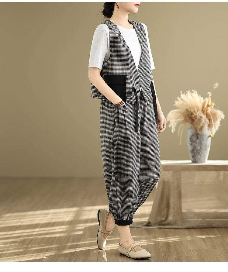 Fashionable Cotton Linen Plaid Set Casual Loose V-neck Tank Top And Lantern Pants Eighteen Loose Two-piece Set for Women