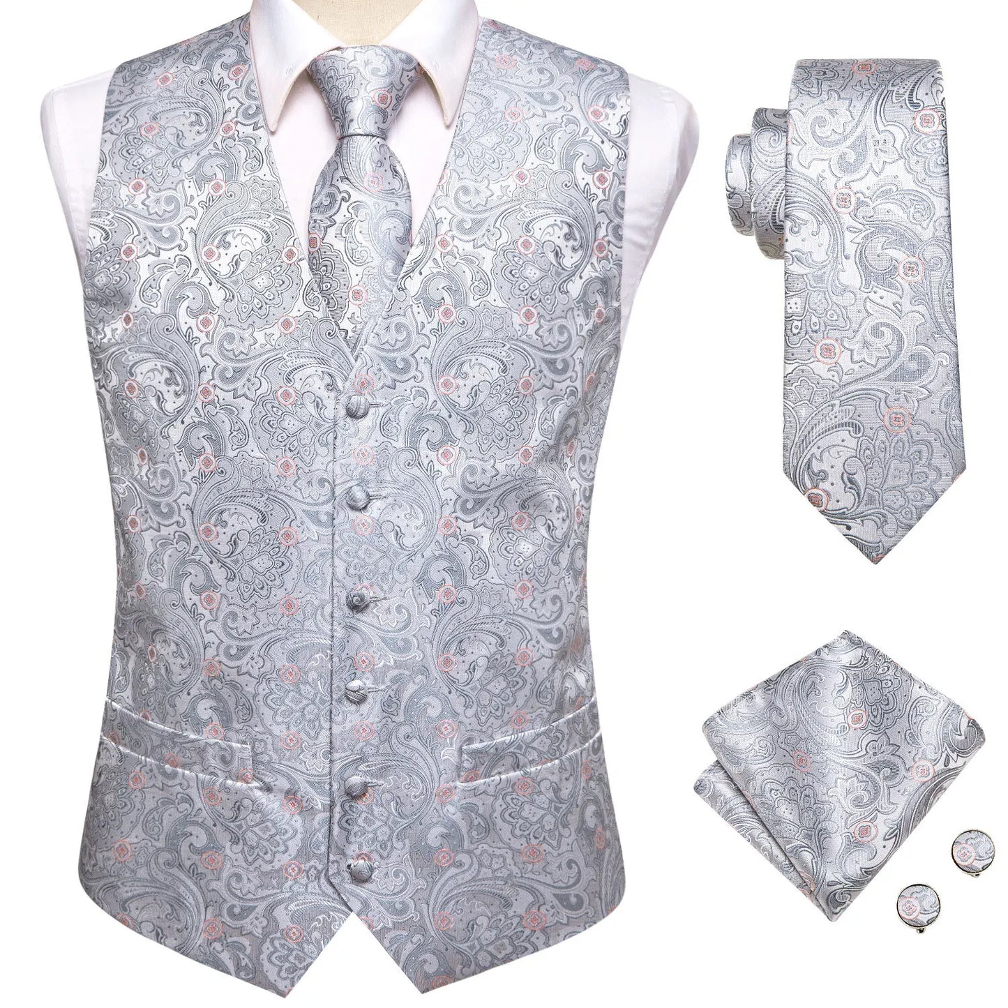 4Pcs Men Formal V-Neck Vest Kit Waistcoat Tie Handkerchief & Cufflinks for Occasions