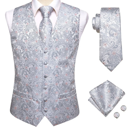 4Pcs Men Formal V-Neck Vest Kit Waistcoat Tie Handkerchief & Cufflinks for Occasions
