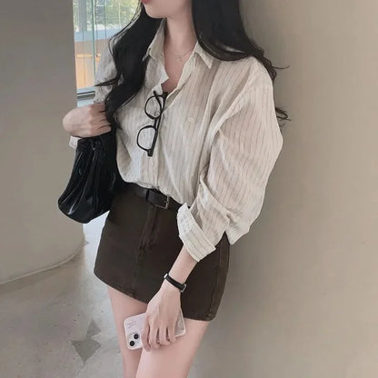 Early Autumn Versatile Loose Striped Long Sleeve Shirt Top Women's Fashion Comfortable Fit Striped Patterned Casual Shirt