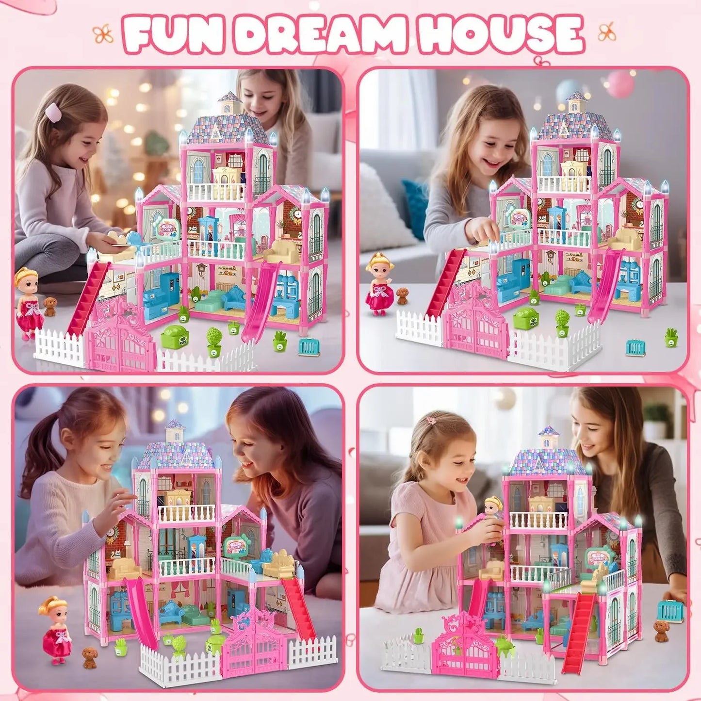 Luminous Doll House Dreamhouse for Girls Princess Playhouse Set with Dolls Furniture Accessories Pretend Play Birthday Gifts