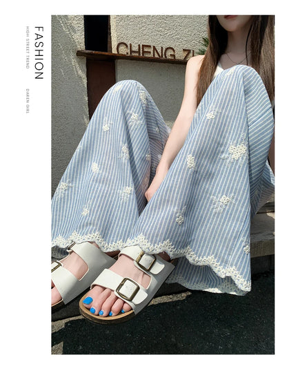 Vintage Blue Striped Embroidered Wide-leg Pants Women's Summer 2026 High-waisted Lace Stitching Casual Straight Trousers Popular