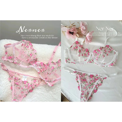 Sweet Sexy Lace Lingerie Set, Floral Embroidery Sheer Mesh, Thin Cooling, Big Bust Relief, Japanese Daily Women Underwear 32-38