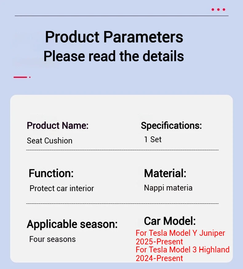 For Tesla Model Y Juniper 2025+ & 2026 Nappa Leather Seat Cushion Ventilation Comfortable Split Single Sitting Back row Set