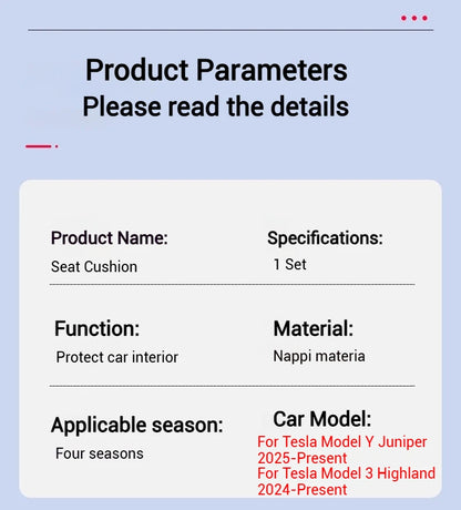 For Tesla Model Y Juniper 2025+ & 2026 Nappa Leather Seat Cushion Ventilation Comfortable Split Single Sitting Back row Set