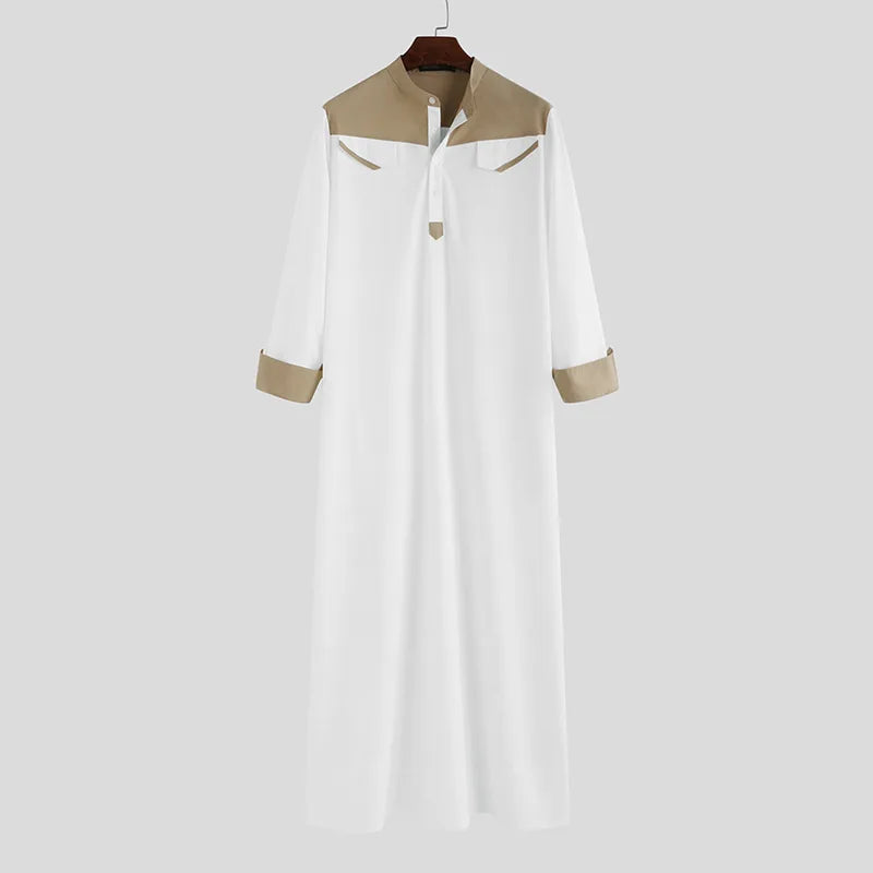 Spring Autumn Loose Muslim Standing Collar One-piece Patchwork Men's Long Robe Breathable And Skin Friendly Solid Color