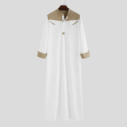Spring Autumn Loose Muslim Standing Collar One-piece Patchwork Men's Long Robe Breathable And Skin Friendly Solid Color