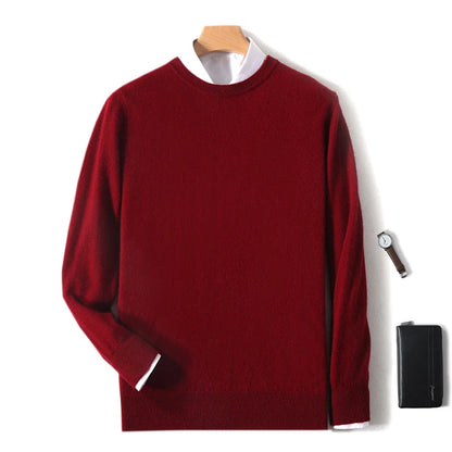 2025 100% Pure Merino Wool Men's Round Neck Pullover Solid Color Plus Size Casual Sweater Autumn And Winter Sports Cashmere Top