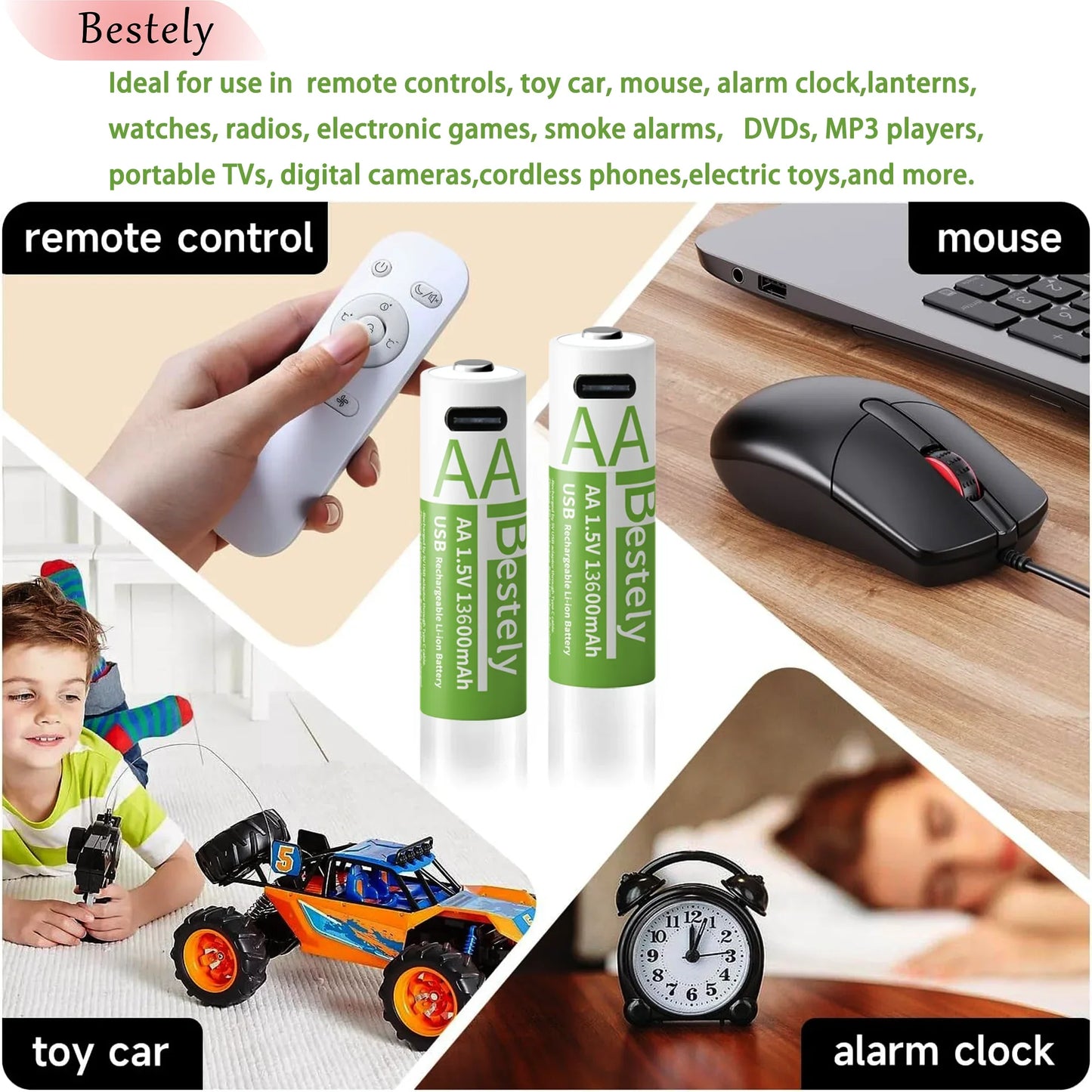 Latest Rechargeable 1.5V AA 13600mAh USB Lithium Battery , Fast Charging Li-ion AA Battery  , 2000 Cycle with USB- C Port Cables