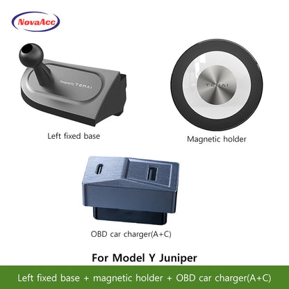 NovaAcc Magnetic Wireless Charging Mount For Tesla Model Y Juniper Model 3 Highland 2024-2026 Left Right Rudder Car Phone Holder
