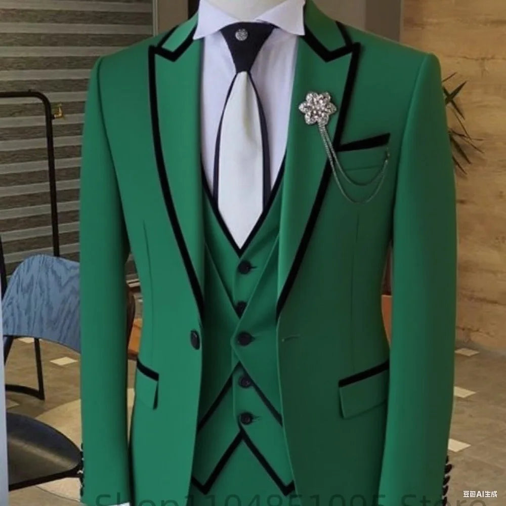 Men's Solid Slim Fit 3-Piece Business Suit Set with Blazer Vest And Pants for Wedding Party Luxury Fashion Tuxedo