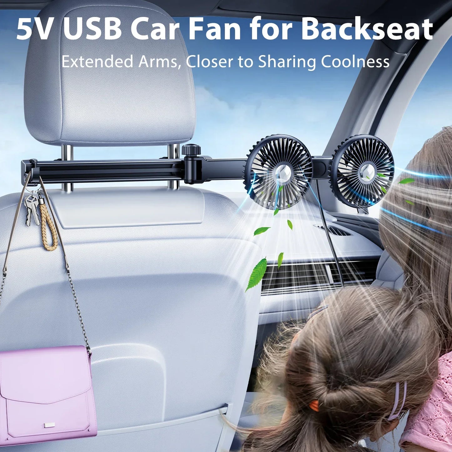 Hipacool Battery Dual Head Fan for Car Backseat with Retractable Long Arm USB Rechargeable Car Seat Headrest Cooling Fan