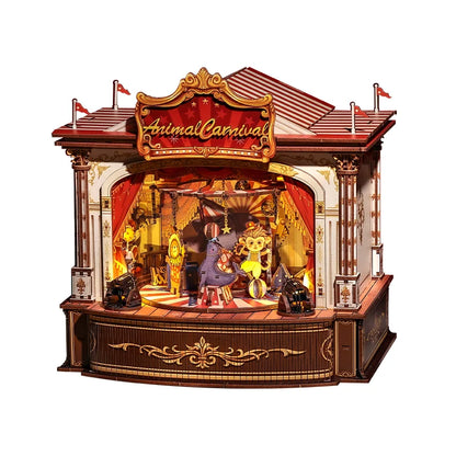 CUTEBEE DIY Miniature House Kit Wooden Music Box Handmade Dollhouse Animal Carnival  for Bookshelf Insert Home Decoration