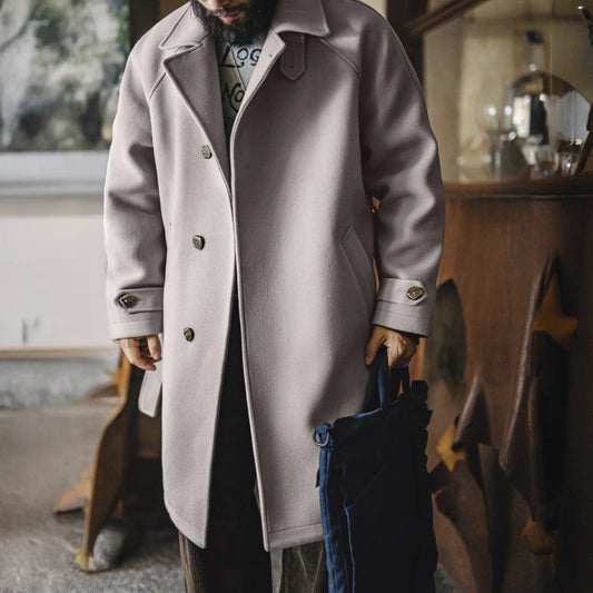 Maden Men's Balmacaan Trench Coat Mid-Length Loose Fit Overcoat for Winter Raglan Sleeve Strap Belted Design German Style