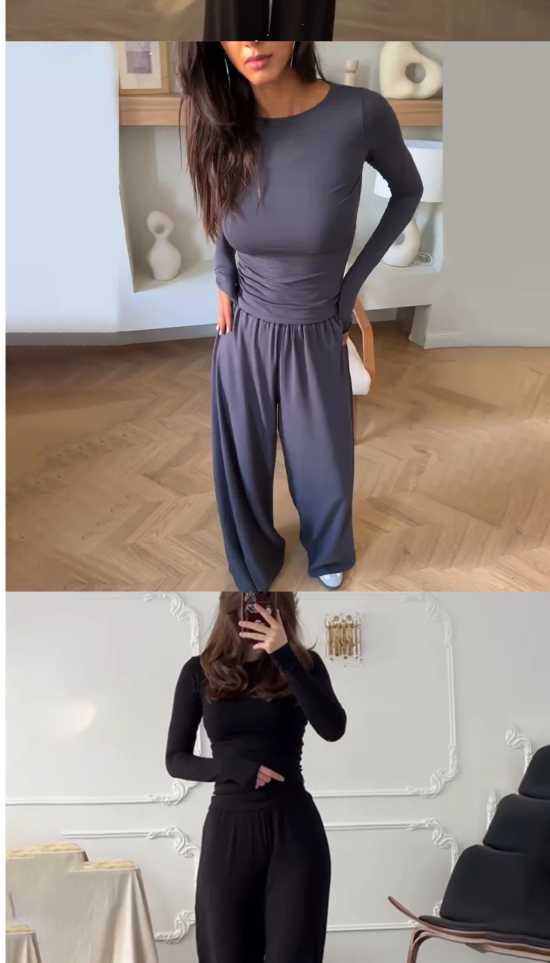 Women's Fashionable round Neck Long Sleeve Elastic Waist Pants Set Casual Style Two-Piece Suit Autumn Collection Trendy Outfit