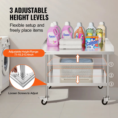 SucceBuy Stainless Steel Work Table Commercial Food Prep Worktable with 4 Wheels Heavy Duty Prep Worktable for Restaurant Home