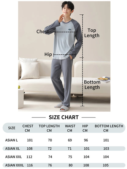 Men's 100% cotton long sleeved four season plus size men's sleepwear, teenage pure cotton home suit set for warmth