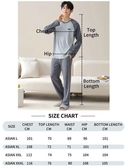 Men's 100% cotton long sleeved four season plus size men's sleepwear, teenage pure cotton home suit set for warmth