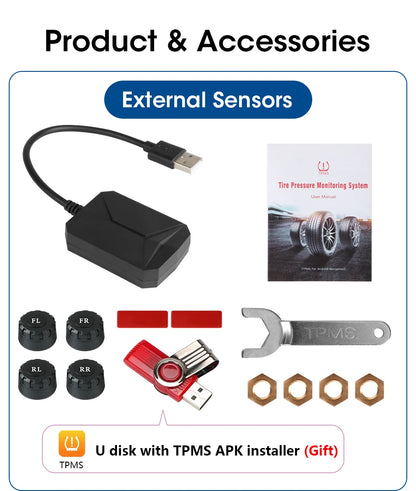 JMCQ USB Android TPMS Tire Pressure Monitoring System Display Alarm System Internal External 5 Sensors For Car Navigation Radio