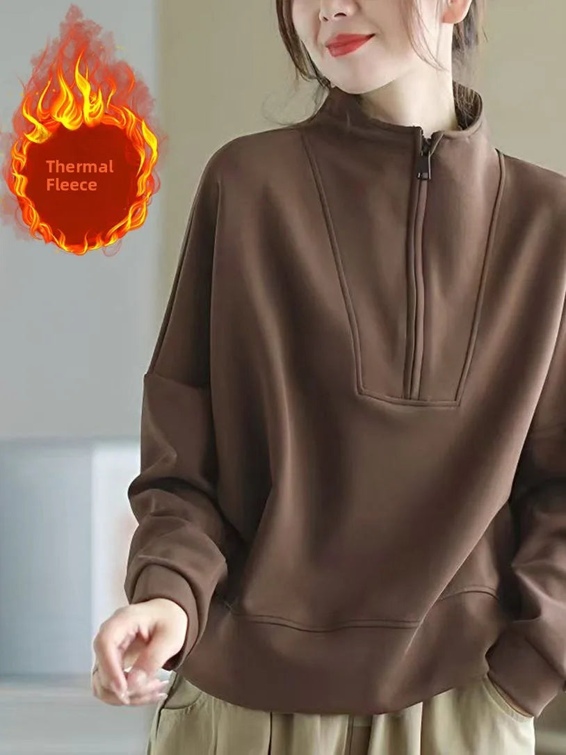 Autumn Winter Hoodie Women Loose Fit Long Sleeve Zipper Stand Collar Casual Slimming Sweatshirt Comfortable Soft Polyester