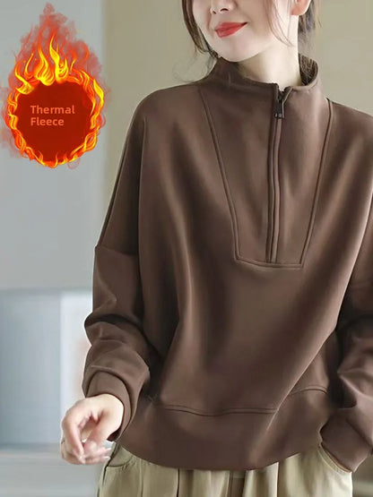 Autumn Winter Hoodie Women Loose Fit Long Sleeve Zipper Stand Collar Casual Slimming Sweatshirt Comfortable Soft Polyester