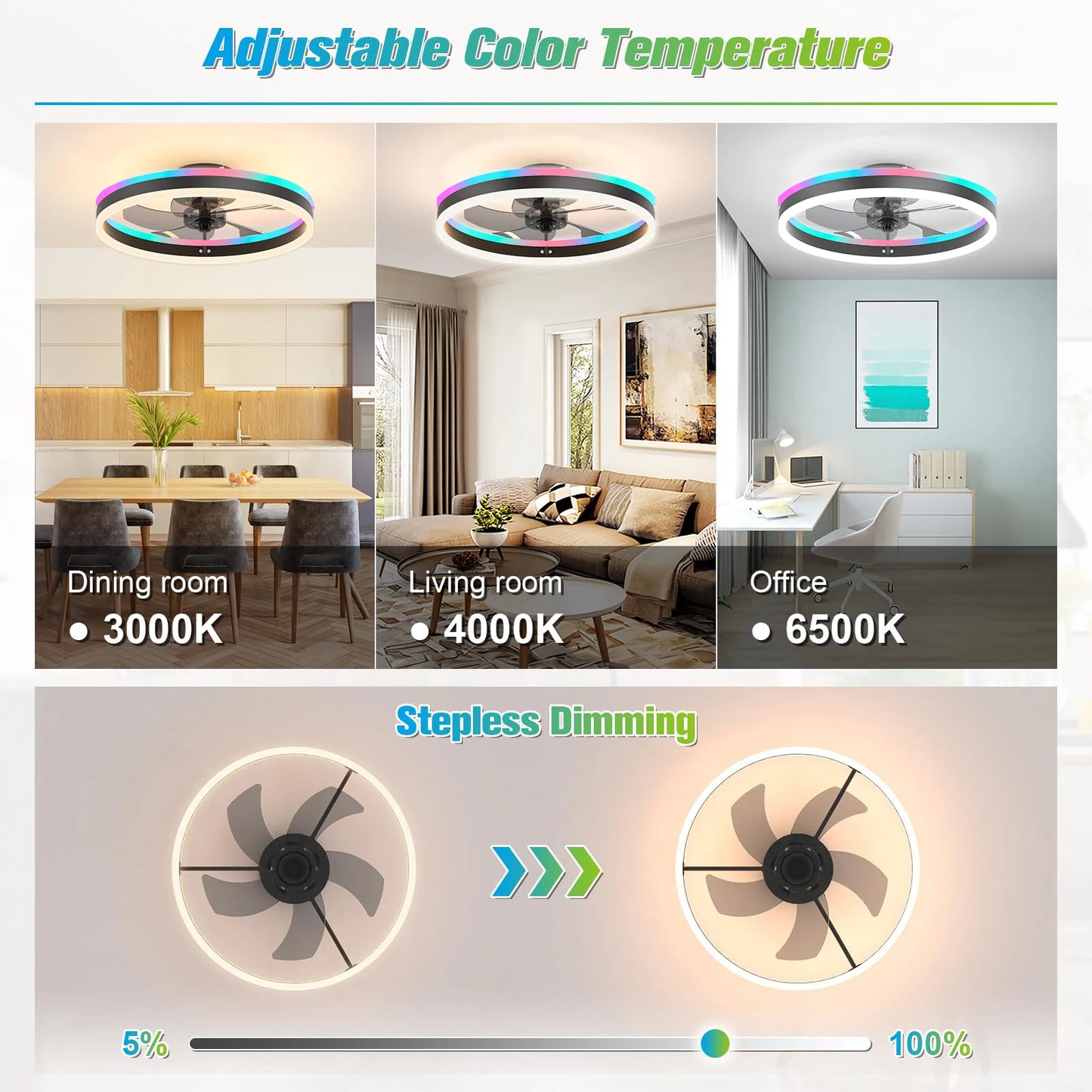 RGB Ceiling Lamp Fan Nordic Smart Remote Control Silent Ceiling Fan with Light Dimmable Home Atmosphere Lighting Decoration