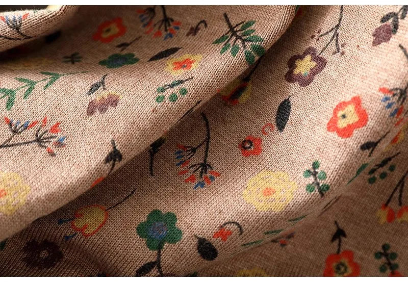 Retro Print Loose Knitted Dress Half High Collar Base Layer Skirt Autumn Winter Long Straight A-Line Dress for Women