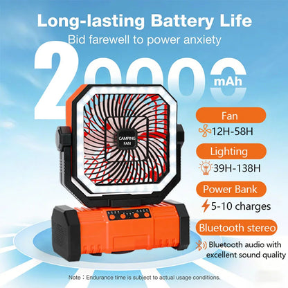 Outdoor Camping Fan 20000mAh Rechargeable Fan  with LED Lantern & Remote for Fishing Travel, 4 Speeds 8H Timer, Hanging Hook