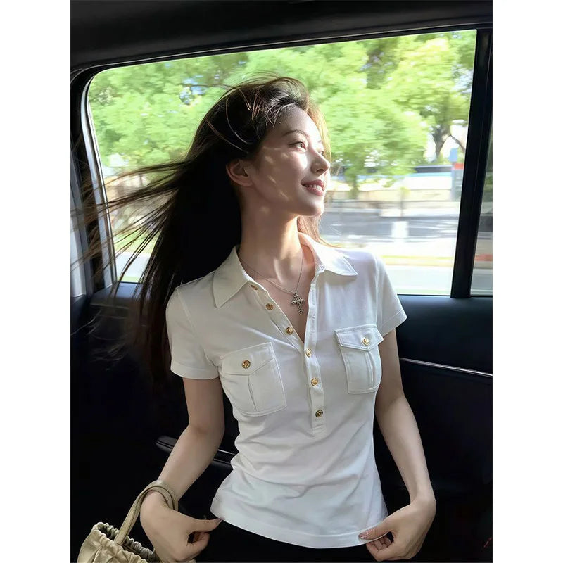 American Retro White  Collar Short Sleeve T-Shirt Women Summer Slimming Waist Short Style Spicy Girl Top Cotton Blend