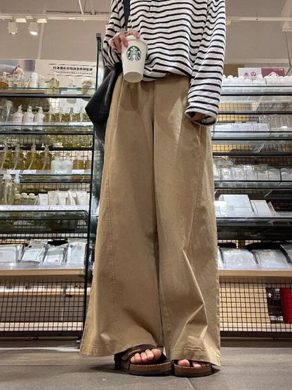 Khaki Wide Leg Pants Women's High Waist Loose Casual Straight Leg Trousers Spring 2026 Lazy Style Comfortable Slimming Effect