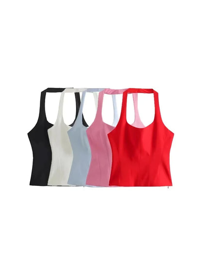 Women's Backless Halter Fitted Tank Tops, Female Camis, O Neck, Side Zipper, Sexy Fashion