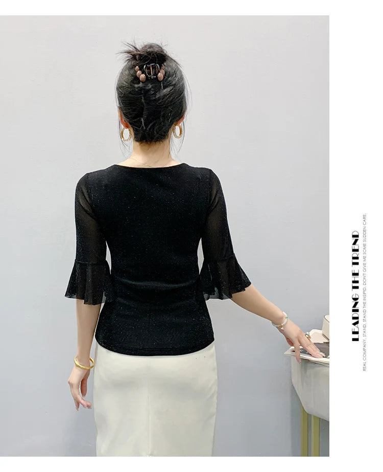 2026 Spring Summer Mesh Tops Korean Fashion Diamond T Shirt Slim 3/4 Sleeve Hollow Out Casual Women Shirt