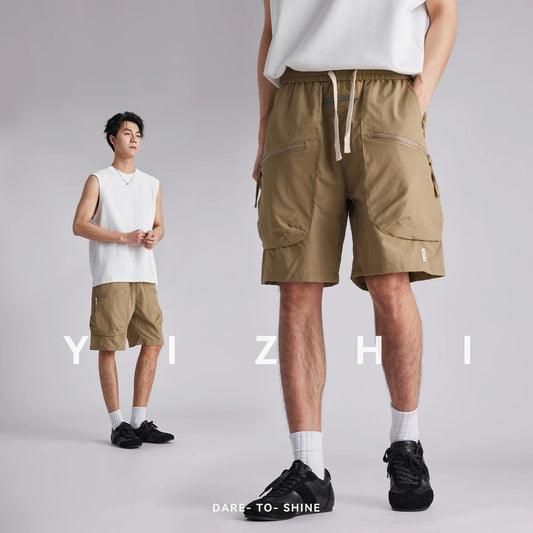 Fashion Men Techwear Diagonal Zip Big Pockets Cargo Shorts 2026 Summer Loose Breathable Outdoor Straight 5 Inch Bermuda Shorts