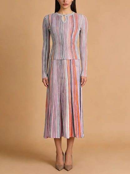 VGH Elegant Stylish Striped Knit Two Piece Set for Women Slimming Long Sleeve Pullovers Pleated Skirt Outfit for Cocktail Events