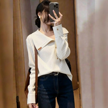 Elegant Unique Stylish Spring 2026 Casual Shirt Design Sensation  Personality Long Sleeve Striped Navy Collar Loose Fit