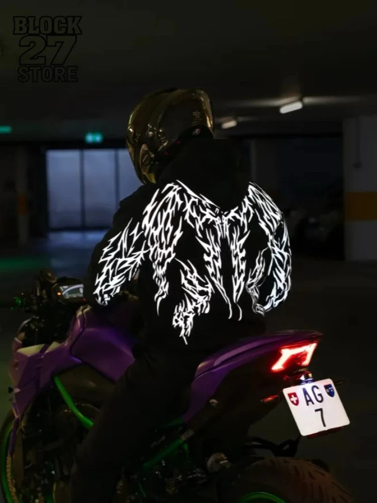Y2K Gothic Reflective 444 Print Hoodie Men Women Harajuku Streetwear Oversized Black Hooded Sweatshirt Hip Hop Pullover Tops New
