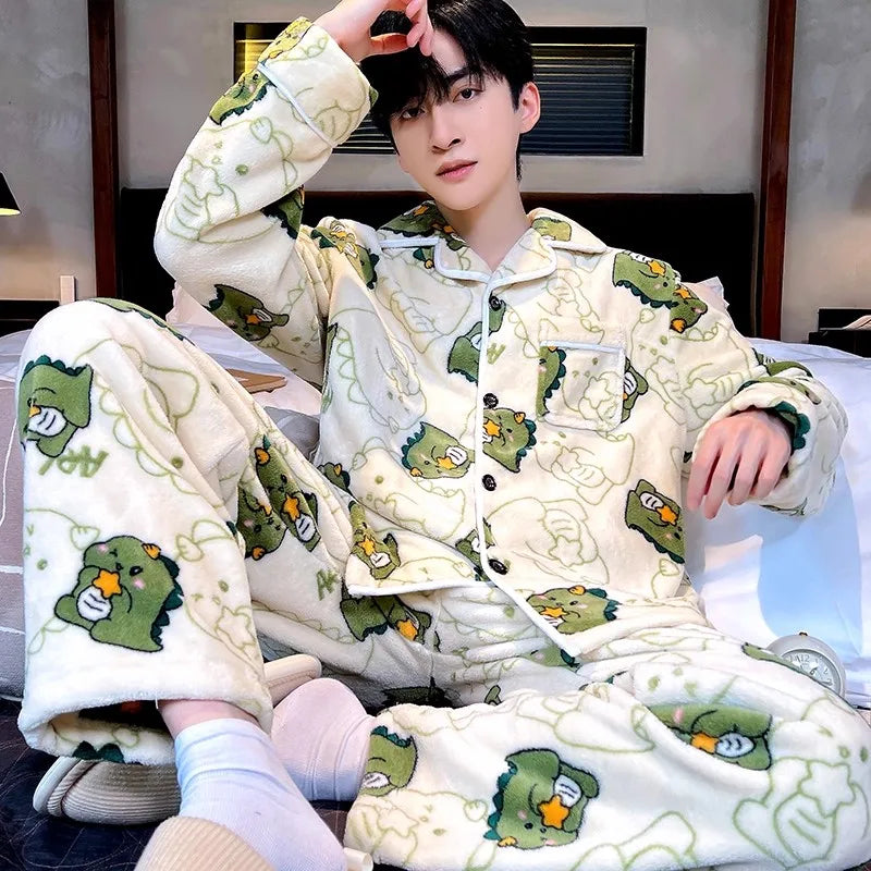 Winter Thickened Coral Fleece Sleepwear Men's Set Fleece Lined Long Sleeve Flannel Home Clothes Loose Fit New 2026 Style