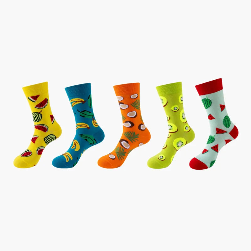 5 Pairs Fruit Print Socks Mid-Calf Funny Food Design Pineapple Watermelon Cotton Socks for Men Women Couple EU 37-45 US 6-12