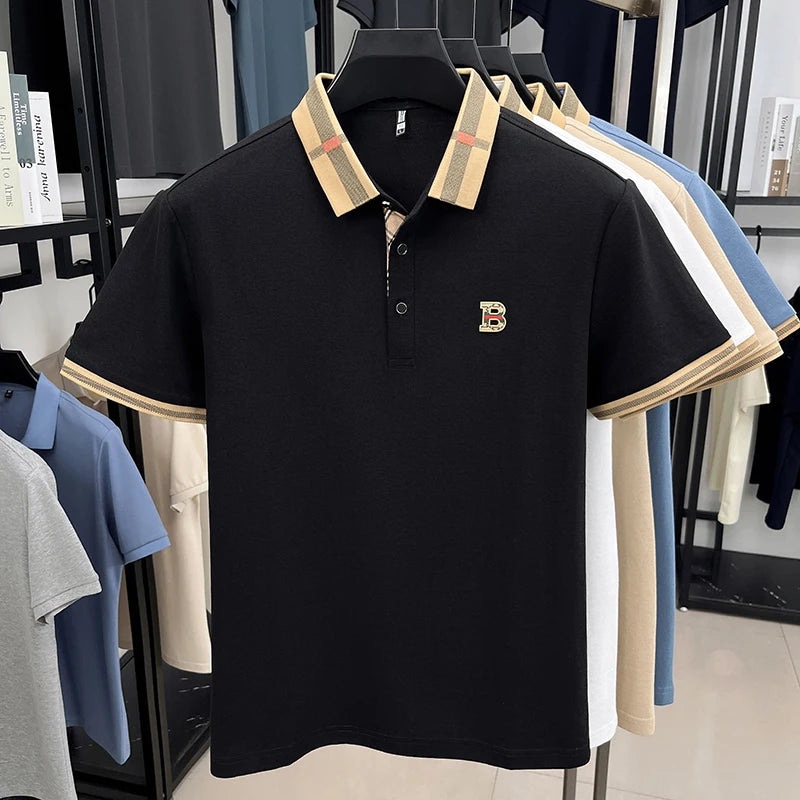 Luxury brand logo short sleeved polo shirt for men's summer new high-end silk cotton breathable casual fashion T-shirt clothing