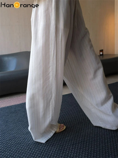 HanOrange 2026 Summer Vacation Stripe Loose Casual Pants Women Loose Wide Legs Breathable Trousers White Coffee/Blue White
