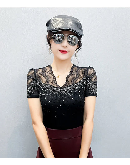 2026 Summer Women Tops New Korean Fashion Diamond Mesh T Shirt V-neck Short Sleeved Patchwork Lace Shirt